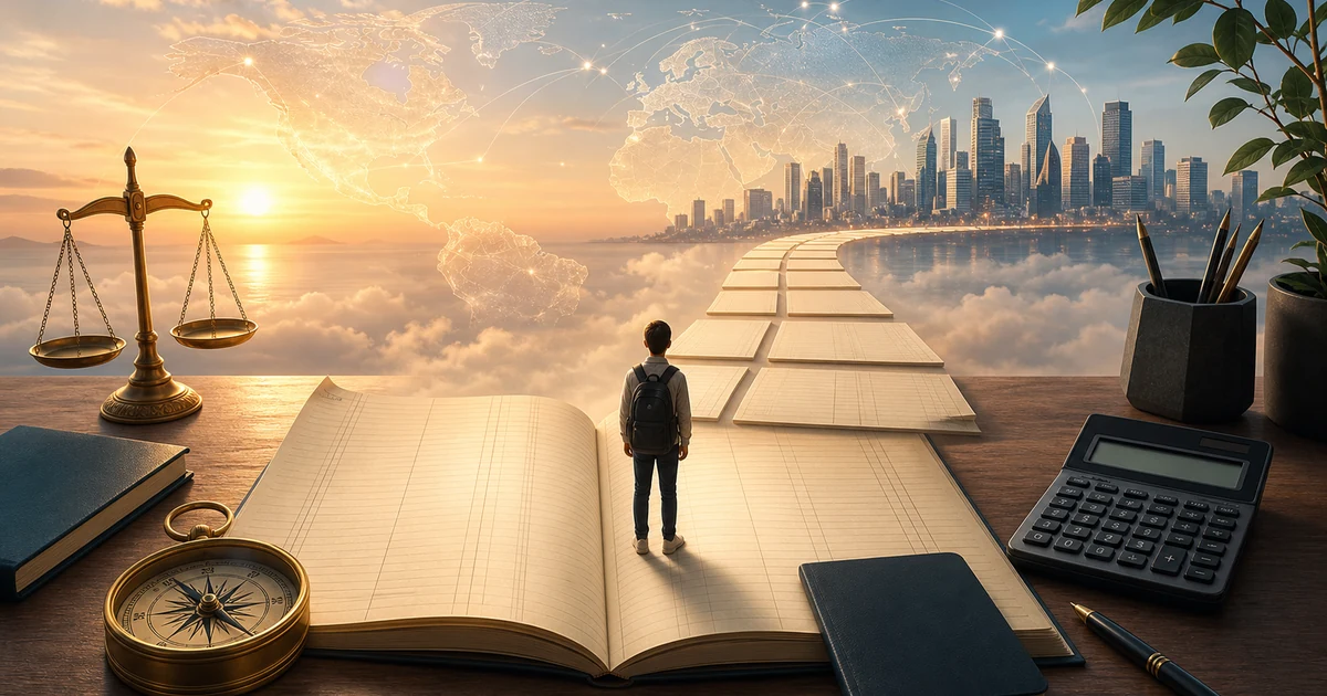 A commerce student standing on blank ledger pages leading toward a global finance skyline
