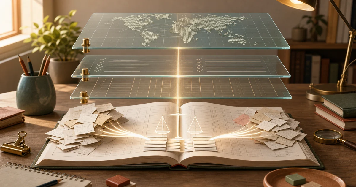 Transparent accounting rule layers turning scattered transaction slips into a clear ledger on a study desk