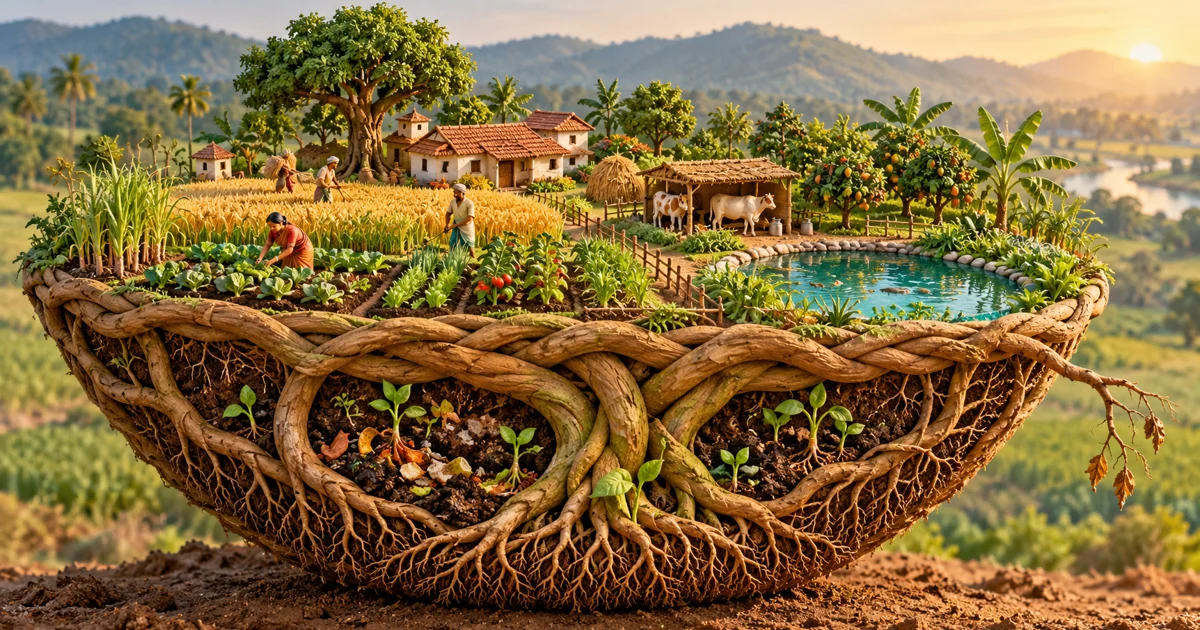 Living roots woven into a basket supporting a village, varied fields, a dairy shelter and a fish pond