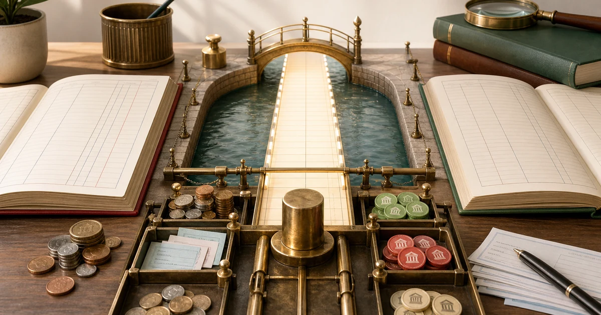 A brass accounting workbench sorting coins and cheque slips between two ledgers before a reconciliation bridge