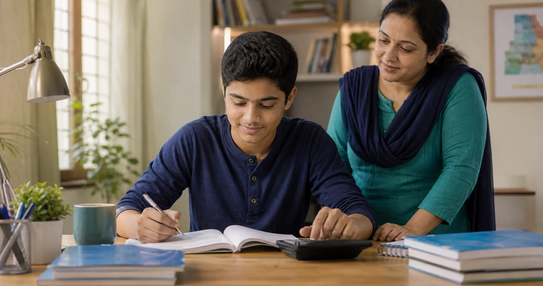 A Class 11 commerce student studying calmly with guidance at a desk