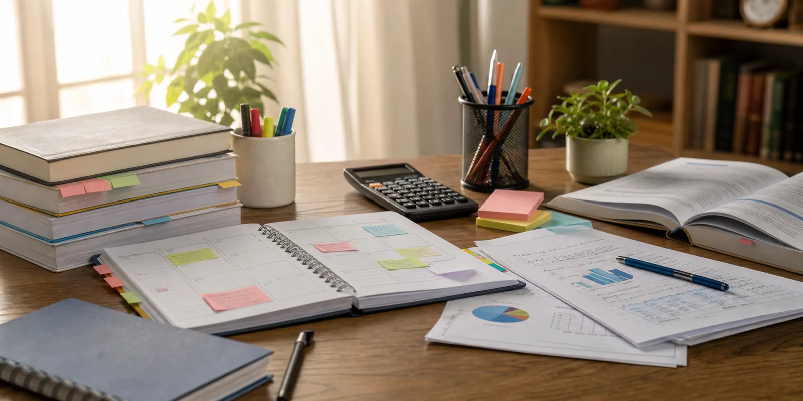A calm study desk with commerce notebooks, a planner, calculator, sticky notes, and practice sheets arranged for first-term study