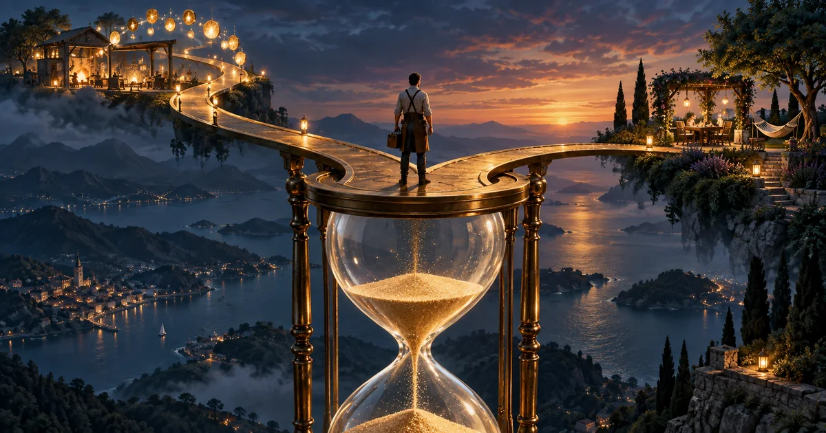 A craftsperson stands above an hourglass between a glowing work path and a peaceful garden, representing the choice between income and free time