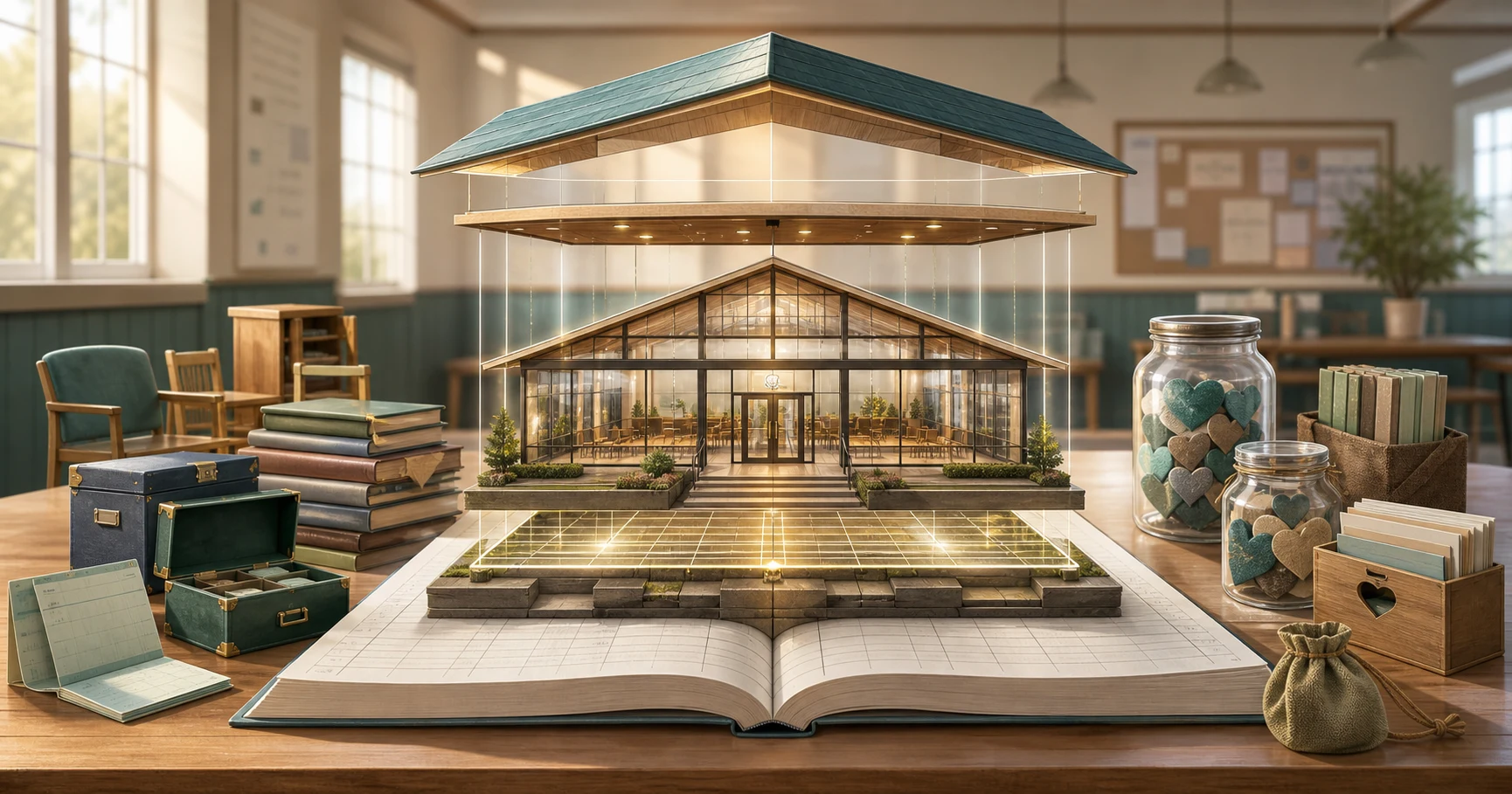 A glass community building balanced on an open ledger with assets, liabilities, and funds arranged like building blocks