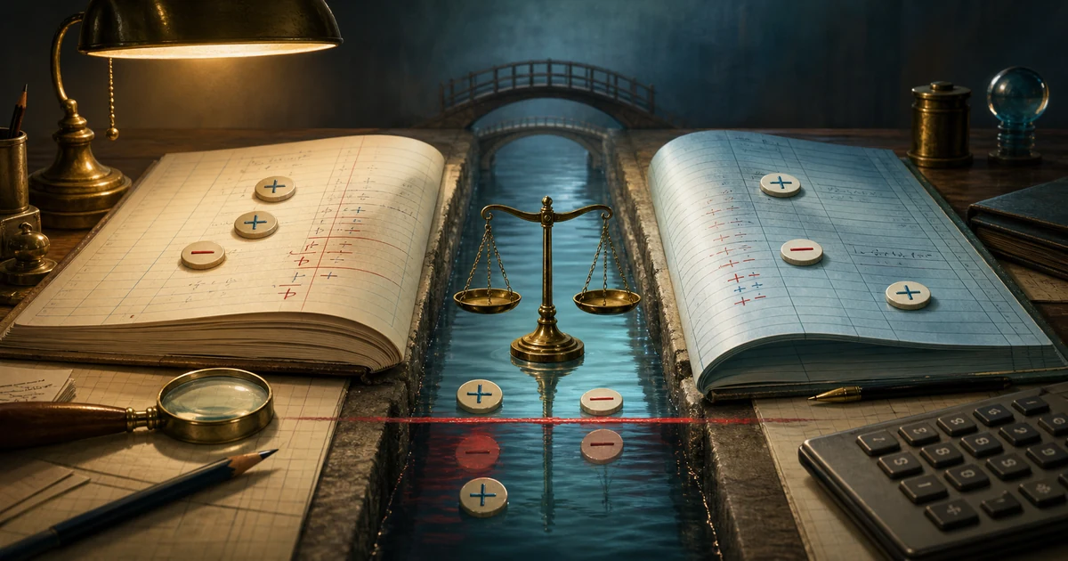 Two accounting ledgers on a desk with plus and minus tokens beside a red overdraft waterline