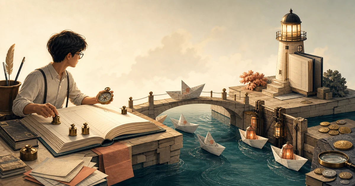A cash book bridge guiding cheque boats across a river toward a passbook lighthouse