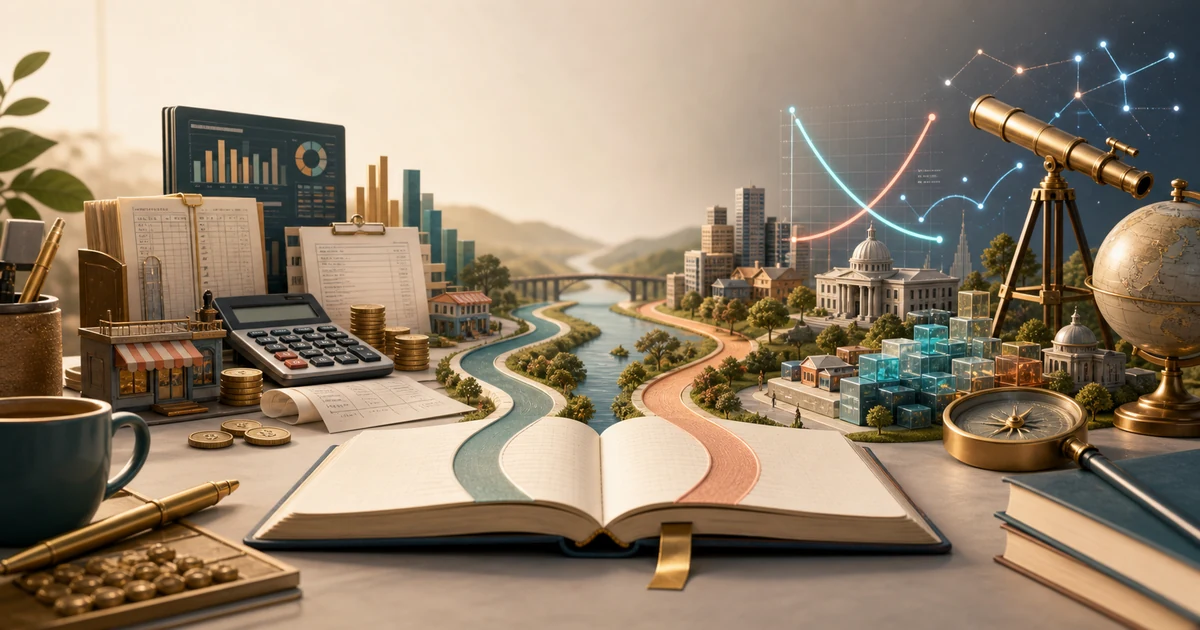 An open notebook splitting into a commerce path with ledgers and an economics path with graphs, data, and a telescope