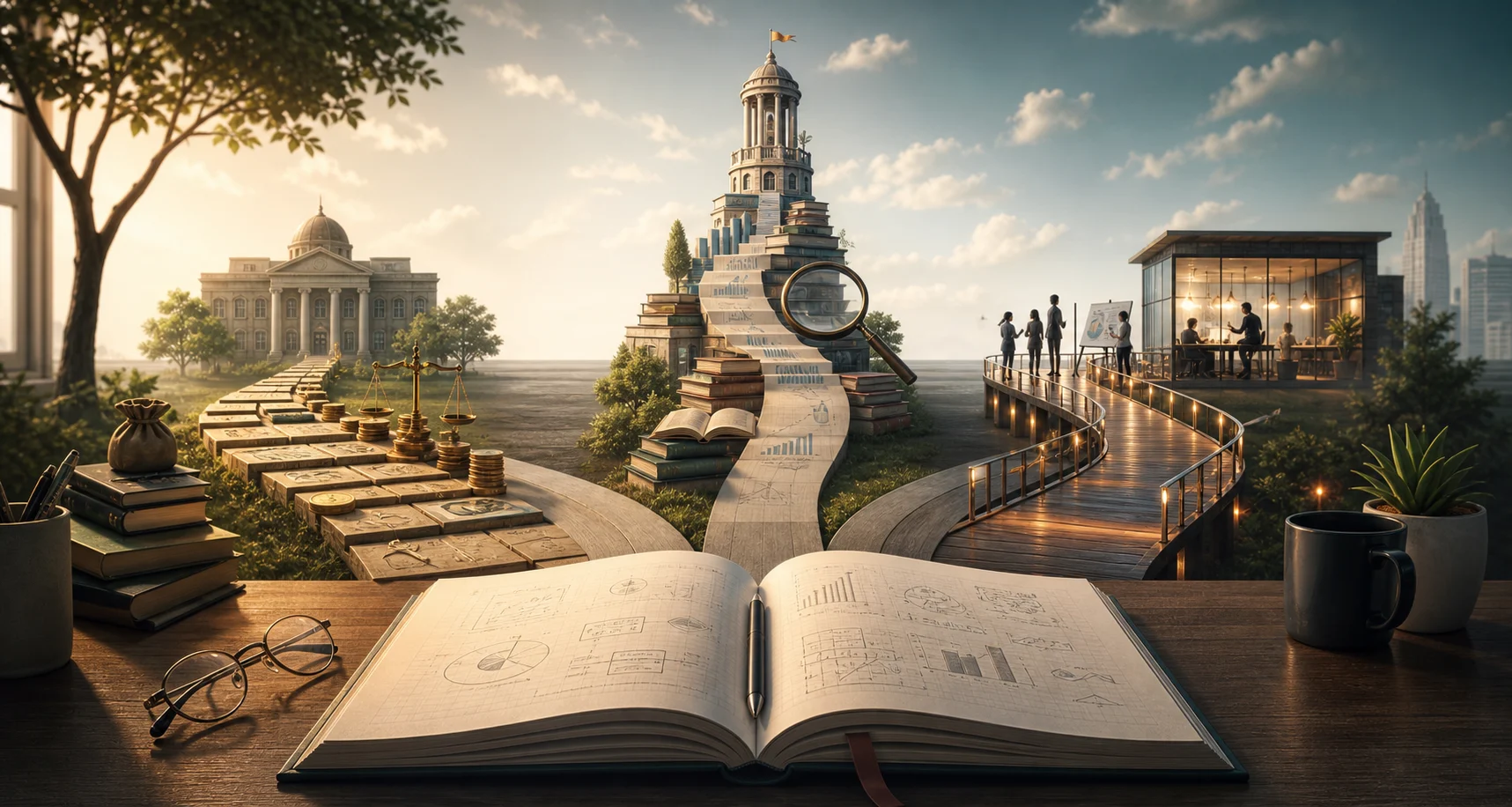 Three learning paths branching from an open commerce notebook toward accounting, academic research, and business management