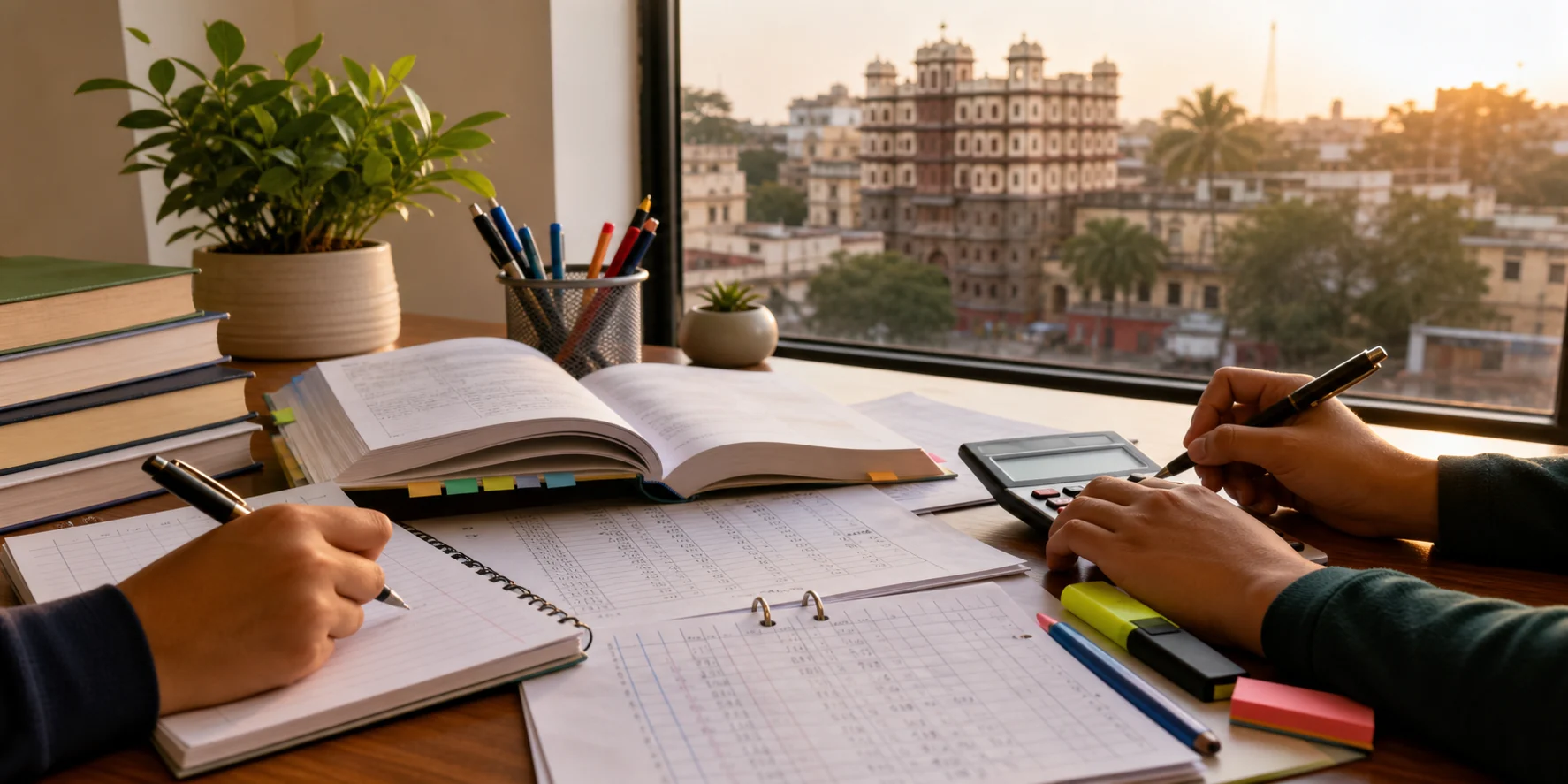 Senior secondary commerce students studying Accountancy at a desk with Indore city architecture in the background