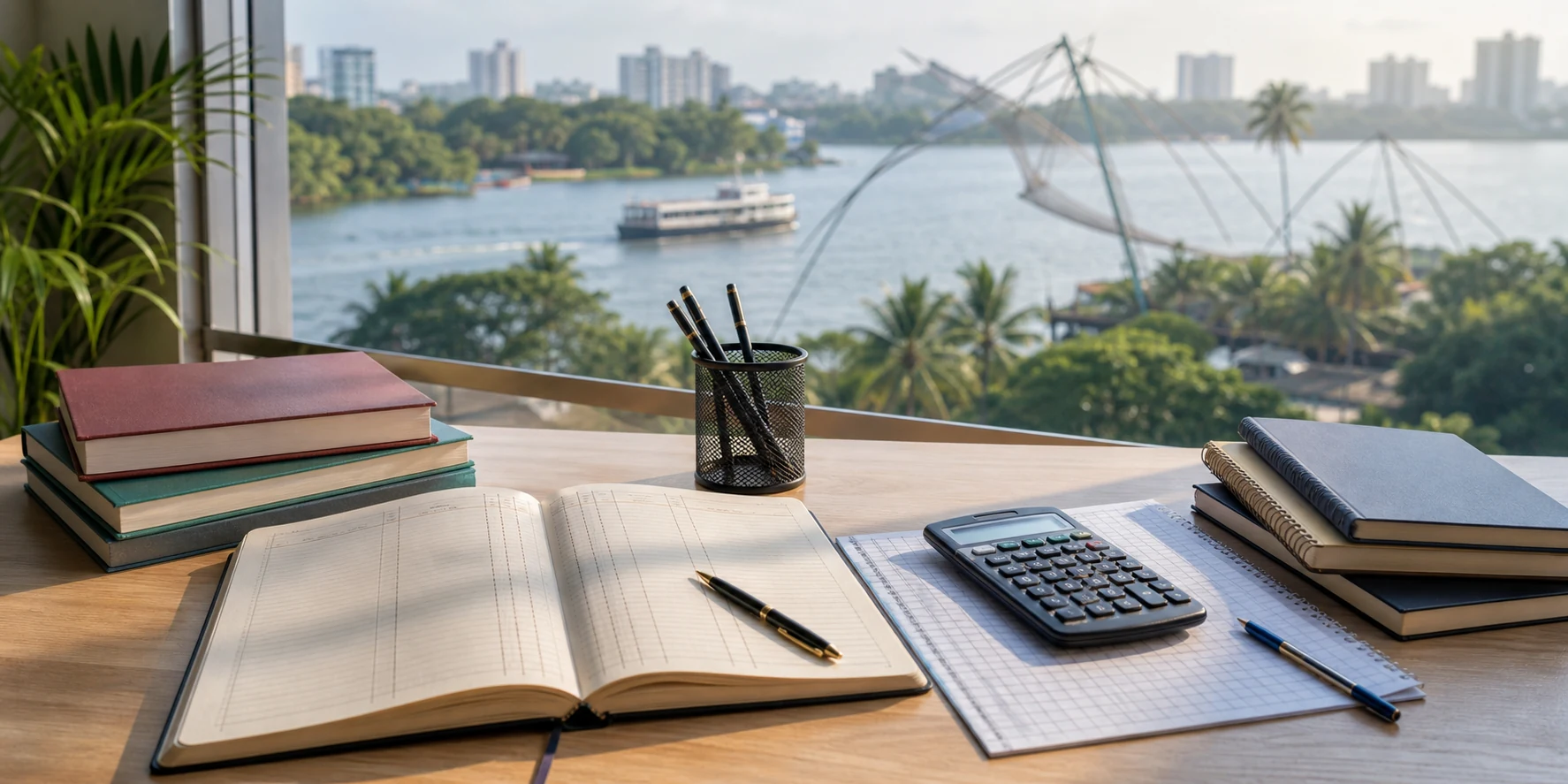 A commerce study desk in Kochi with accountancy notebooks, a calculator, and a calm backwater view