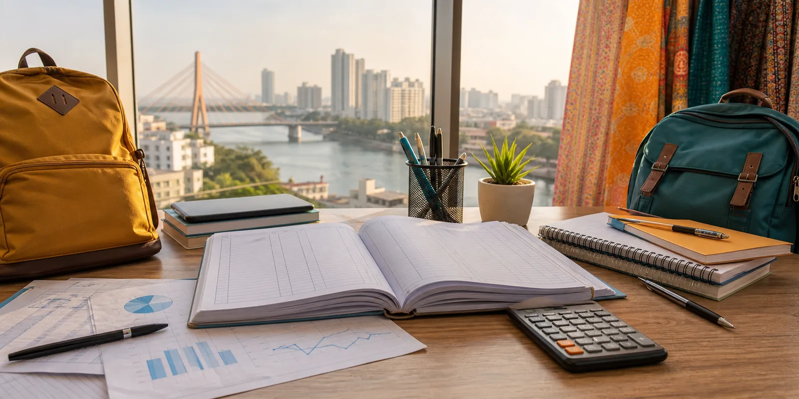 Accountancy notebooks, graphs, and study materials on a desk overlooking a Surat inspired city view