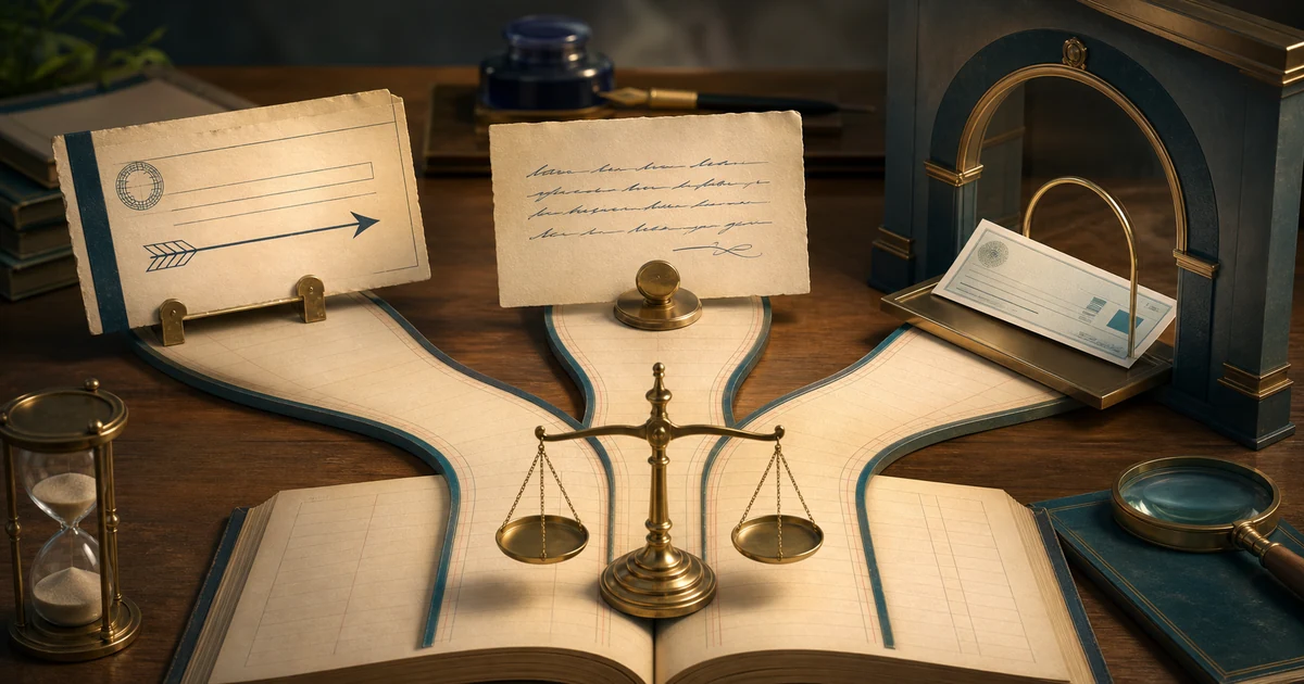 An open ledger splitting into three paths for a bill of exchange, promissory note, and cheque