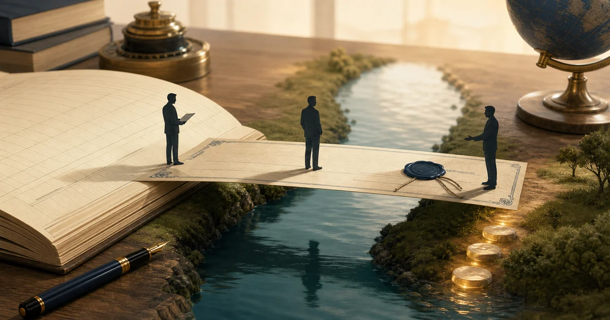 A bill of exchange forming a paper bridge across a river of time, with three glowing steps for days of grace