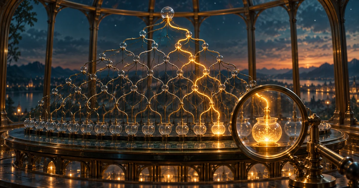 Branching brass paths converge into glass vessels while a lens focuses on one glowing vessel