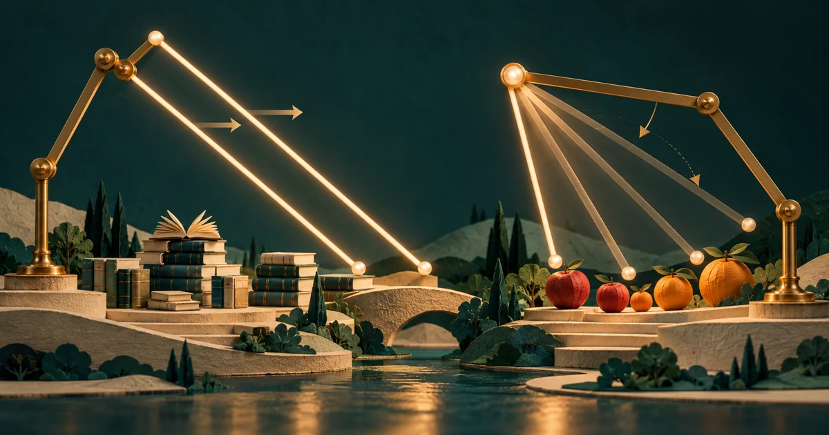 Parallel glowing brass rails and a hinged fan of light above a miniature landscape of books and fruit