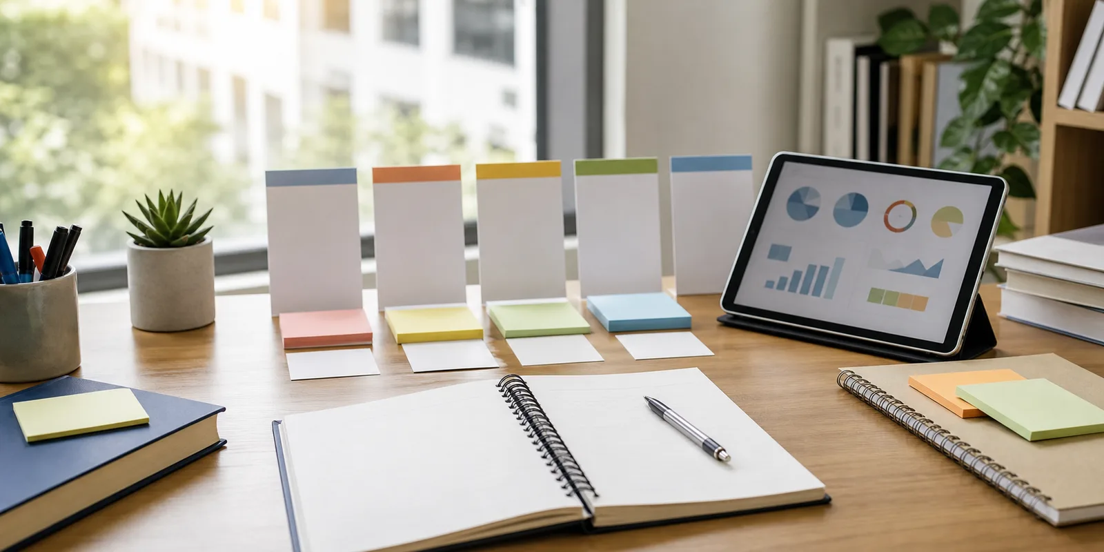 A neat study desk with blank chart cards, an open notebook, and simple business charts on a tablet