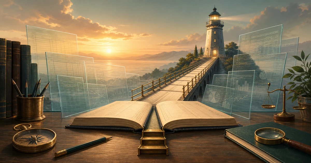 Two school accountancy ledgers forming a bridge toward a taller CA Foundation lighthouse