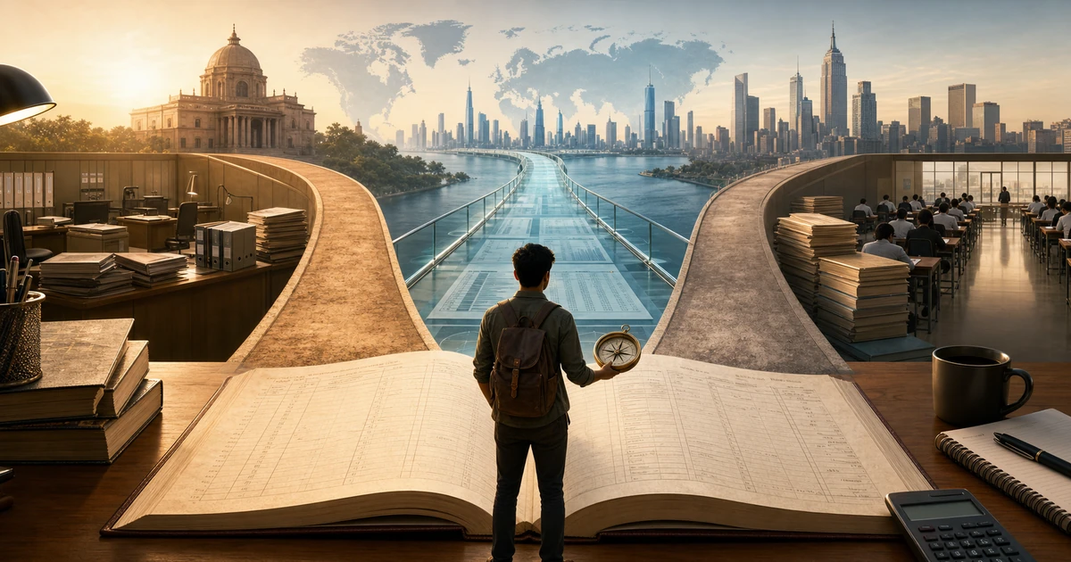 A commerce student standing over an open ledger as three professional accounting paths unfold toward India, global finance, and U.S. accounting careers