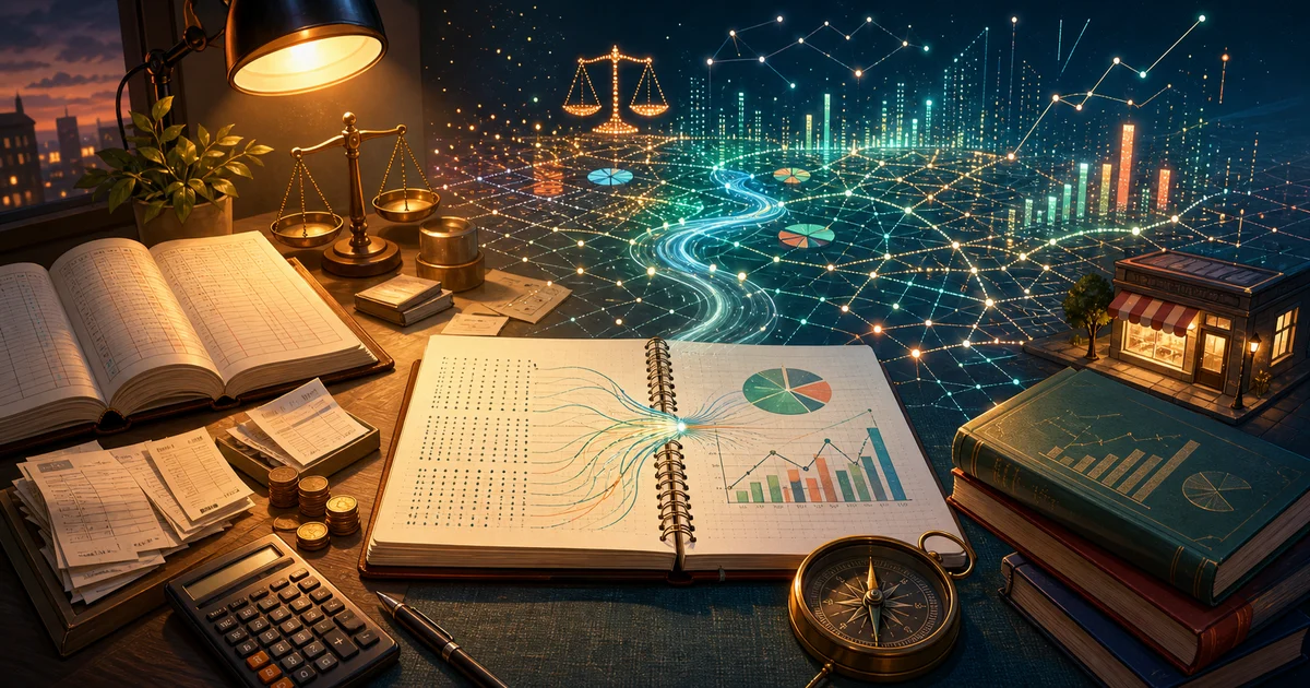 An accounting ledger transforming into glowing charts and data constellations as a metaphor for commerce students entering analytics