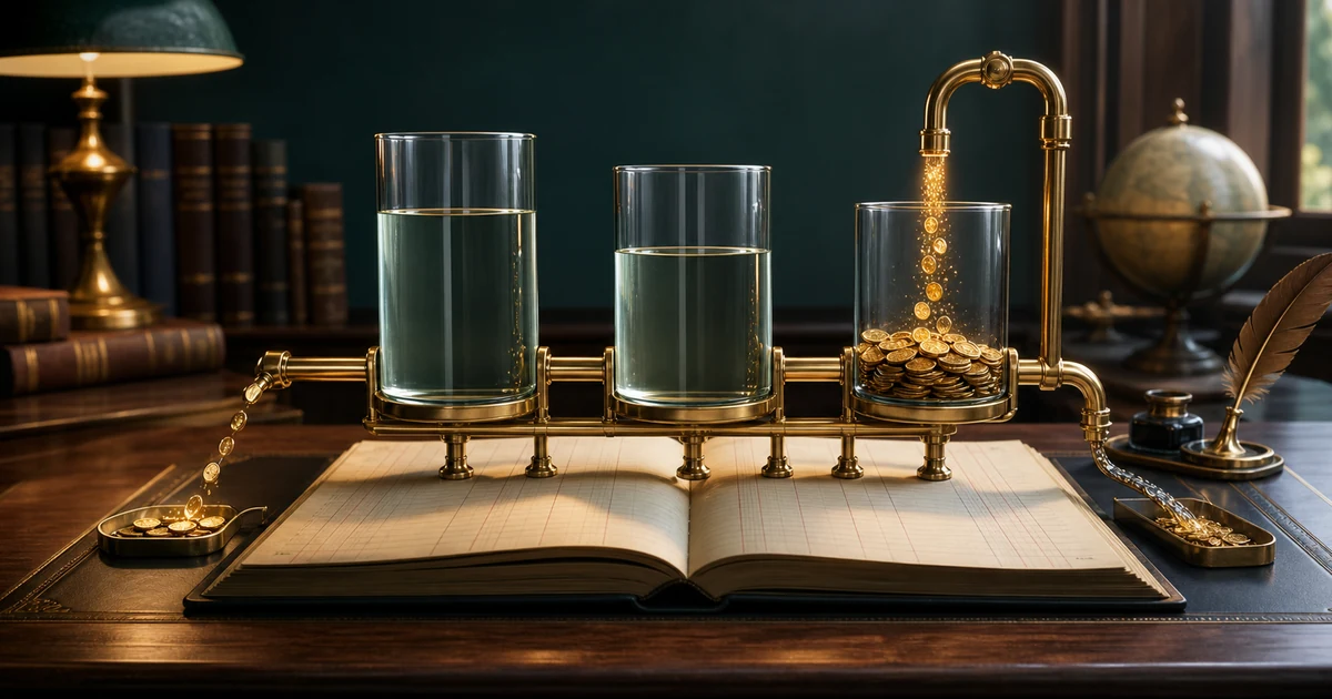Glass capital reservoirs connected by brass channels being leveled over a partnership ledger after a new partner joins