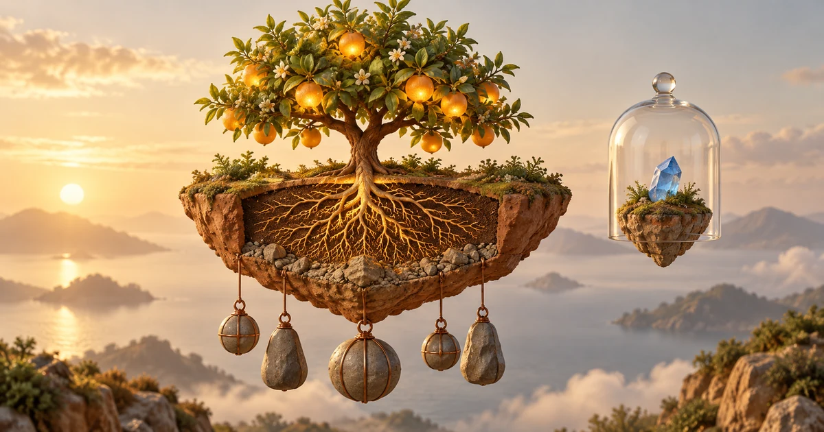 A fruit-bearing tree grows from a floating island with visible roots and hanging stone weights, beside a separate crystal island under glass