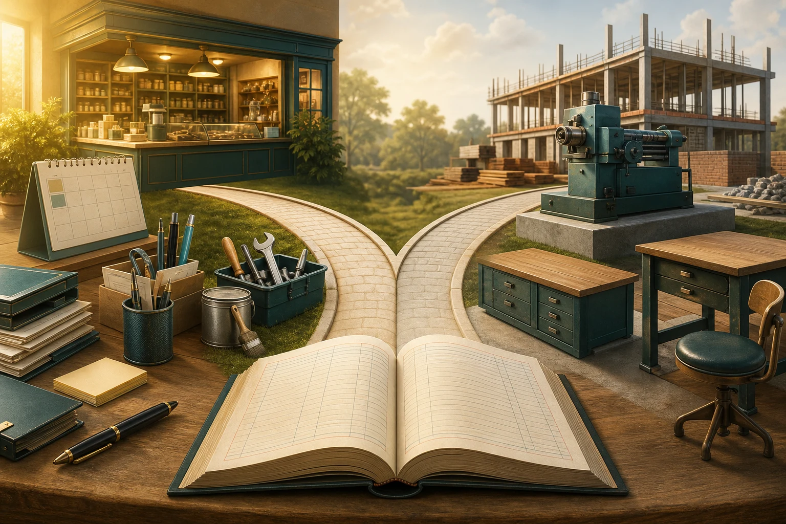 An accountancy ledger splitting into two paths, one for daily running costs and one for long-term business assets