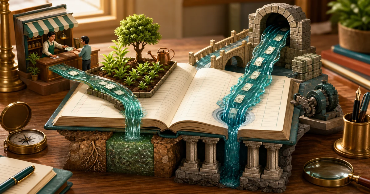 An open ledger receiving two money streams, one flowing to a profit garden and one into capital foundation pillars