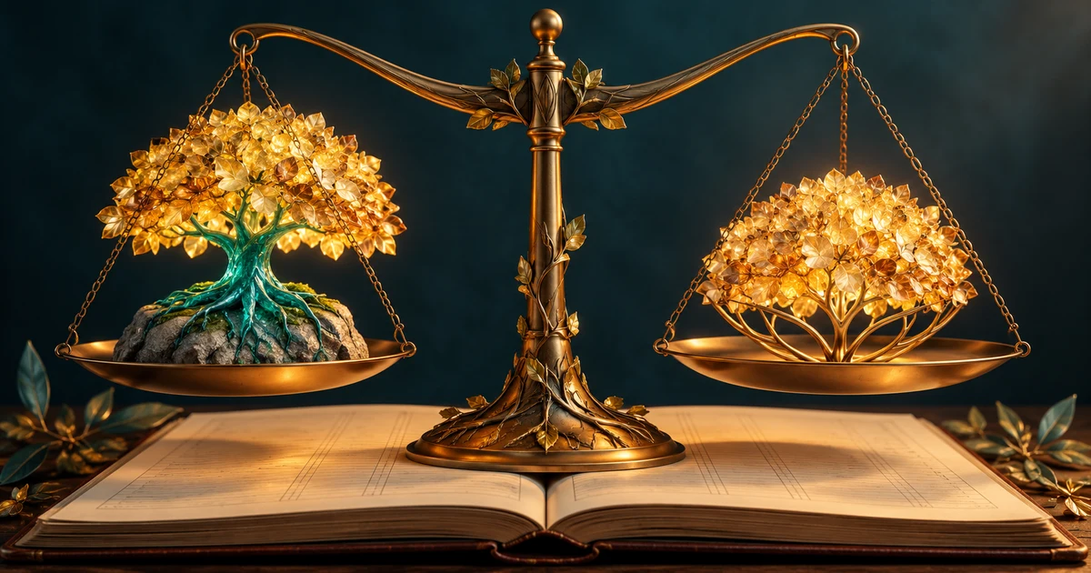 A brass orchard scale holding a rooted golden tree and a separate golden canopy above an open ledger