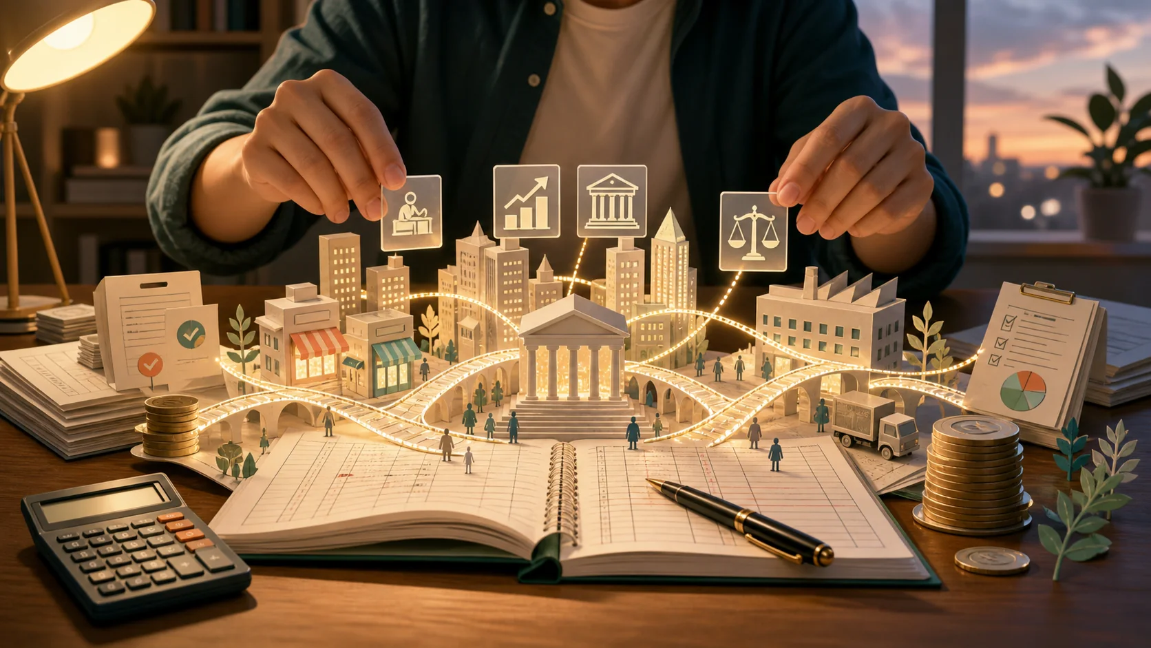A commerce notebook opening into a miniature city connected by glowing bridges for tax, accounting, law, and business careers