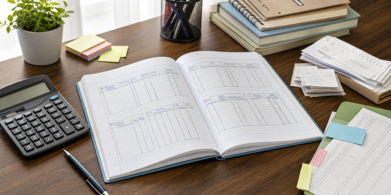 A Class 11 accountancy notebook showing a cash book format with a calculator, pen, and small receipts on a study desk