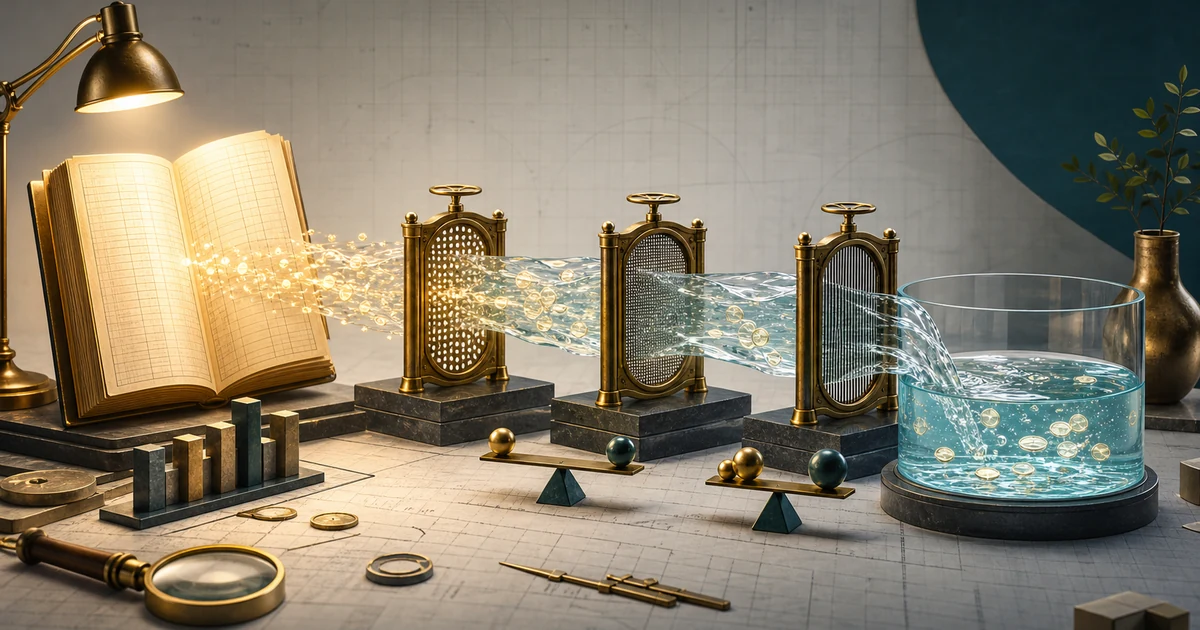 A glowing profit ledger passing through accounting filters into a clear cash reservoir