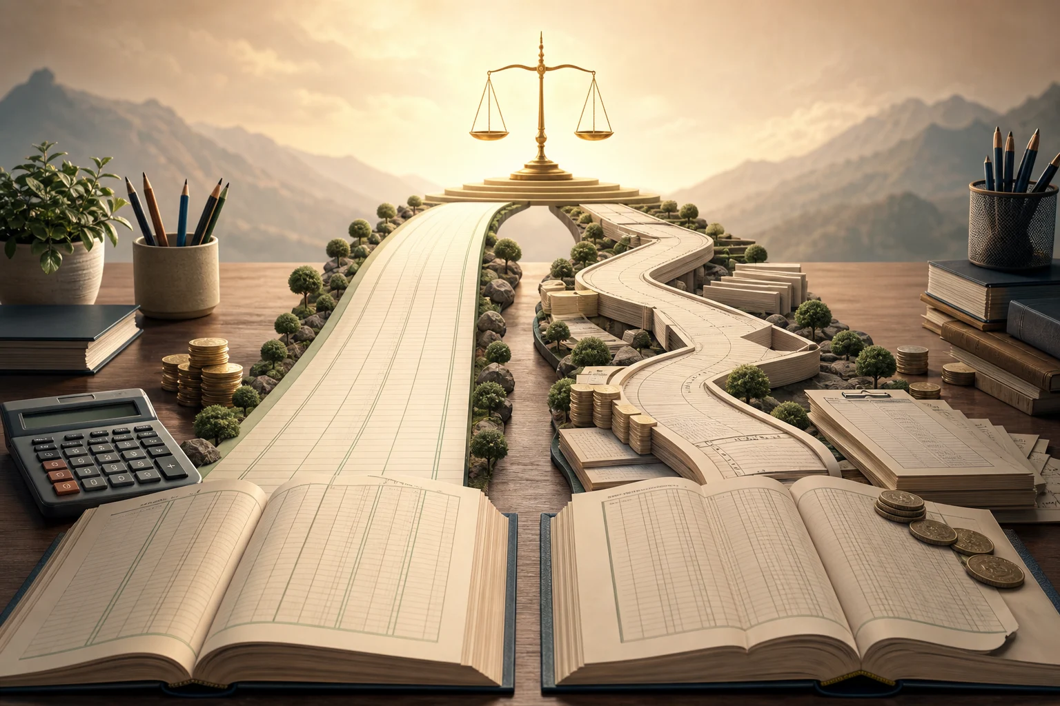 Two ledger paths on a study table leading to a balance scale, showing different Accountancy routes in CBSE and ISC