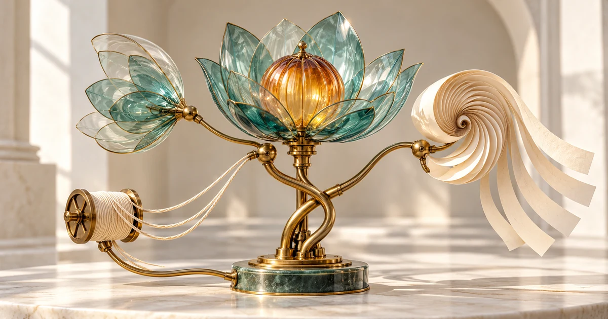 A mechanical glass flower connected by nested petals, interlocking stems, twin cords and an unfolding paper spiral