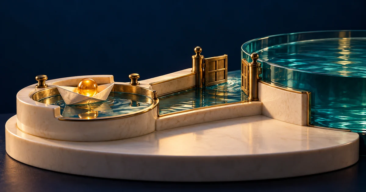 A paper boat carrying an amber pearl waits in a small harbour connected to a larger teal reservoir.