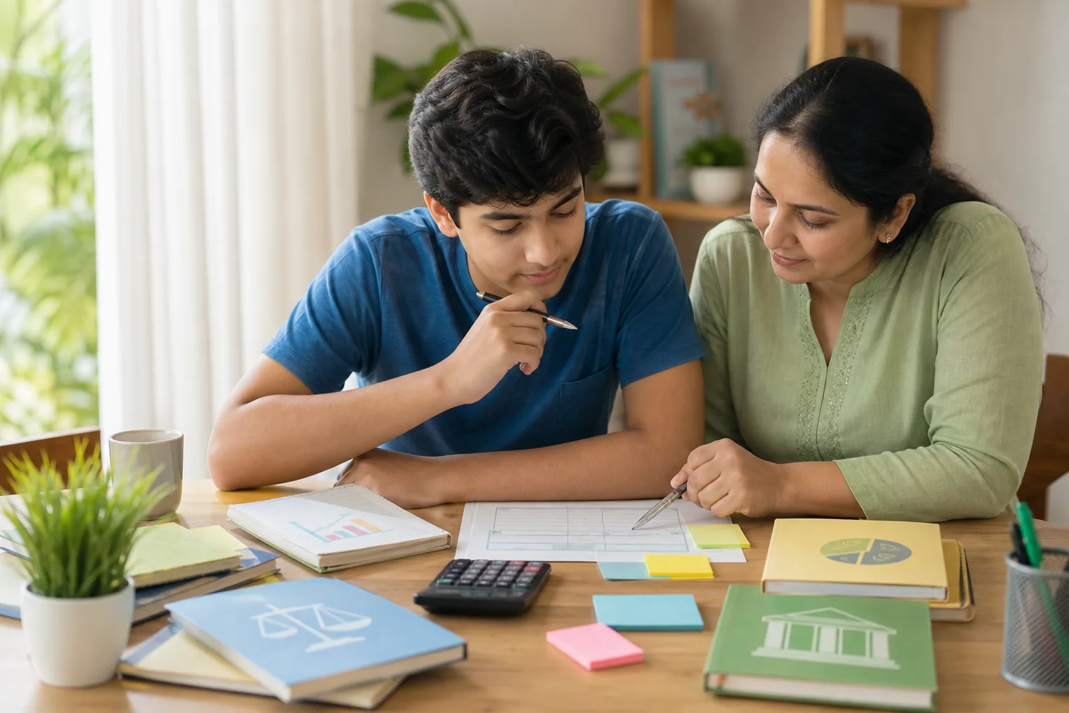 A student and parent reviewing Class 11 Commerce subject choices together at a calm study desk