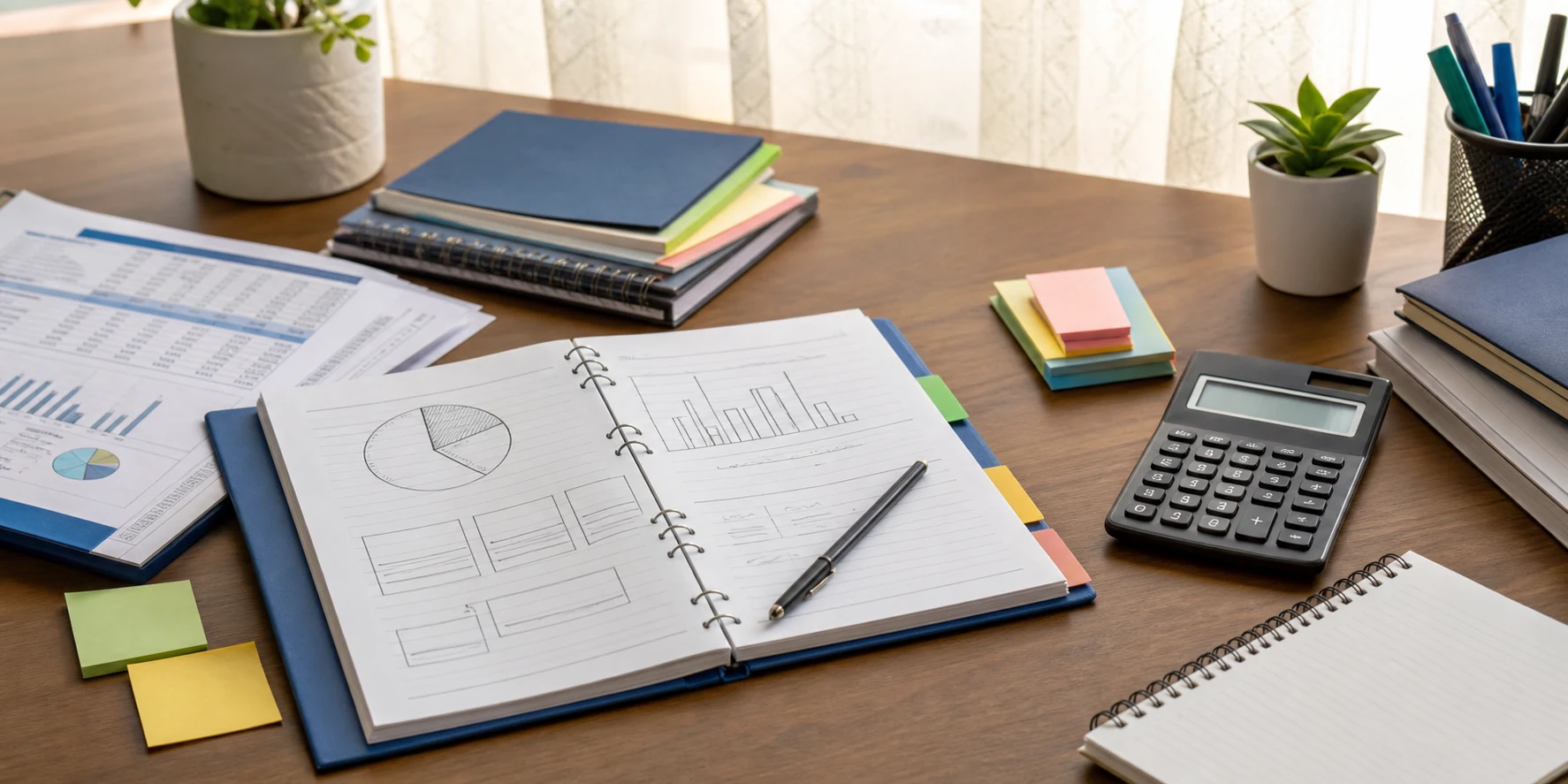 A neat Accountancy project file with charts, financial statement pages, calculator, and planning notes on a study desk