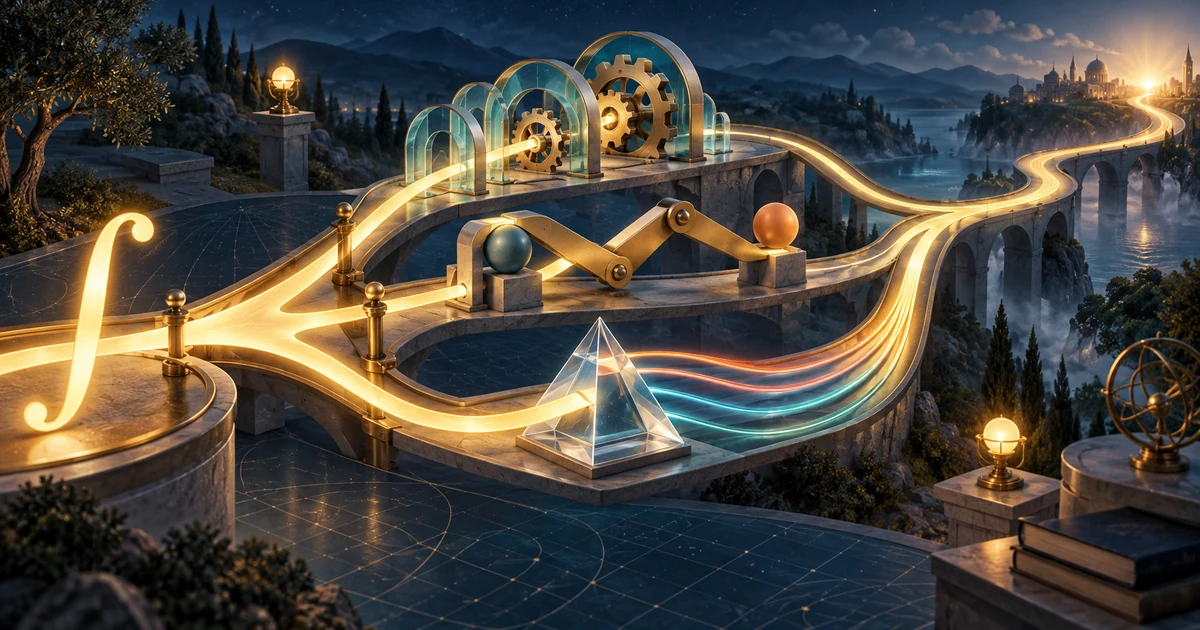 A glowing mathematical path dividing through arches, balanced arms, and a crystal prism before joining again