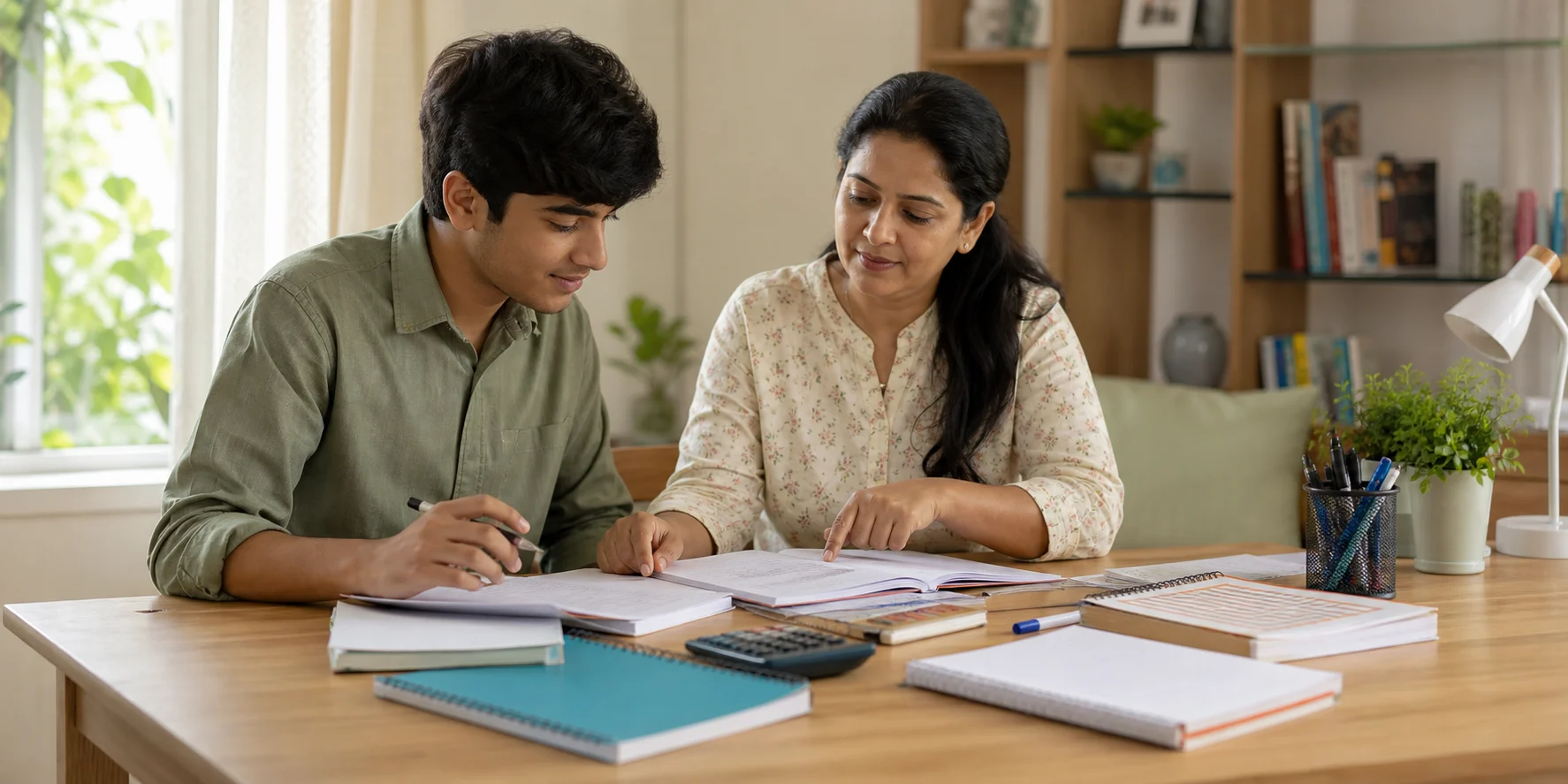 A Class 12 commerce student and tutor reviewing notebooks and a study plan at a home study table