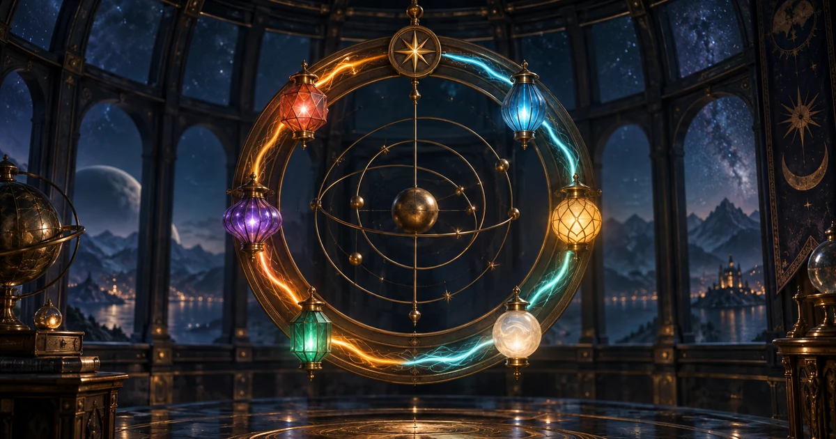 Six distinct lanterns on a circular astrolabe with two differently coloured paths around the rim