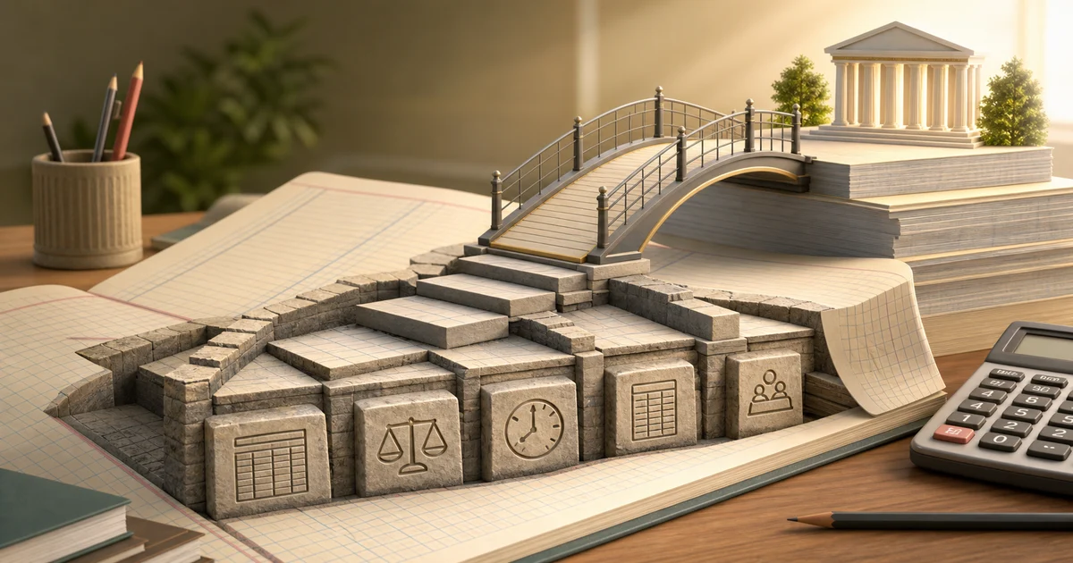 A ledger notebook forming stone foundations and a bridge toward advanced accountancy learning