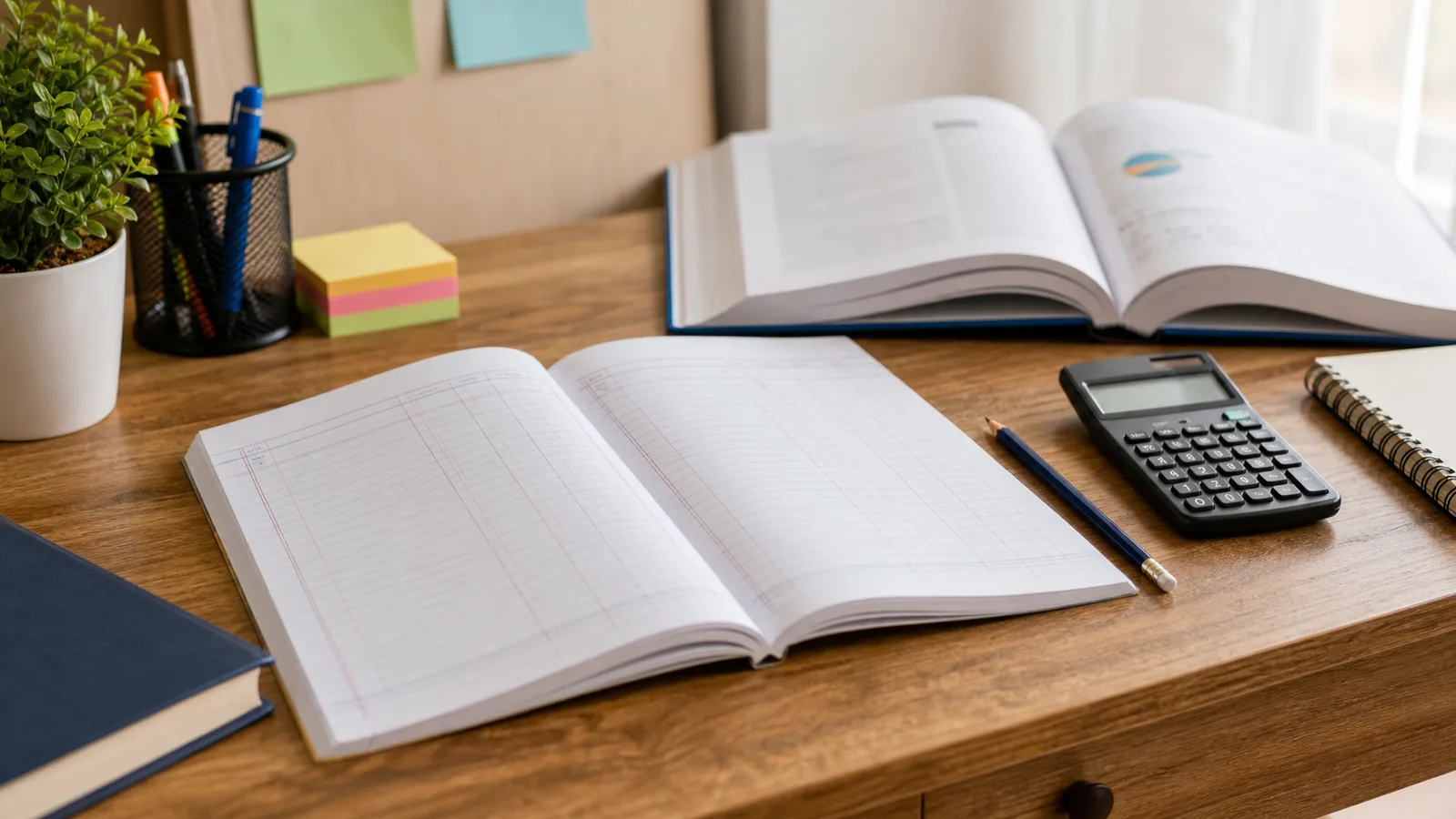 A neat accountancy study desk with an open ledger notebook, calculator, pencil, and commerce textbook