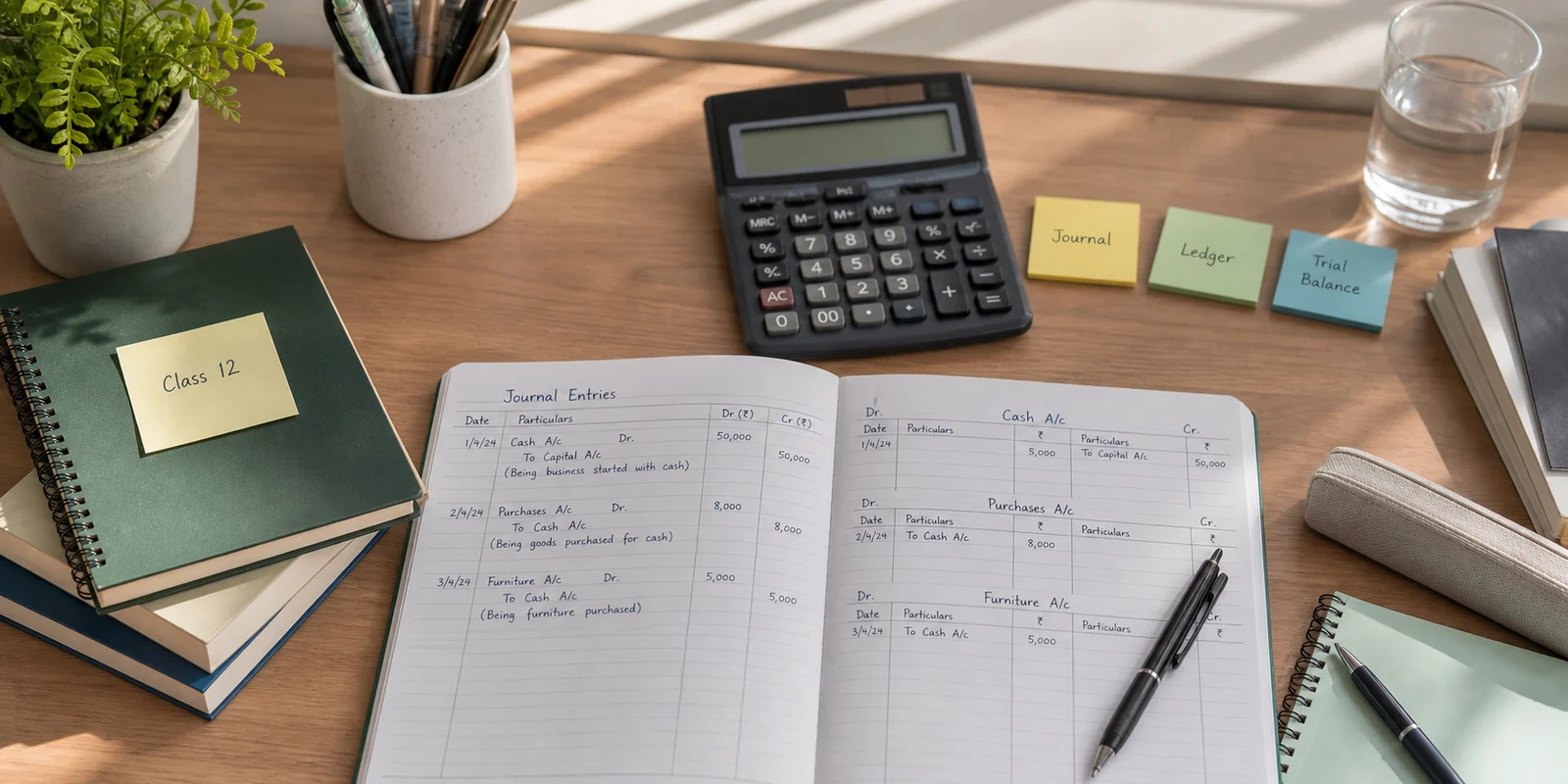 A neat accountancy study desk with journal entries, ledger practice, a calculator, and notes for Class 12 preparation