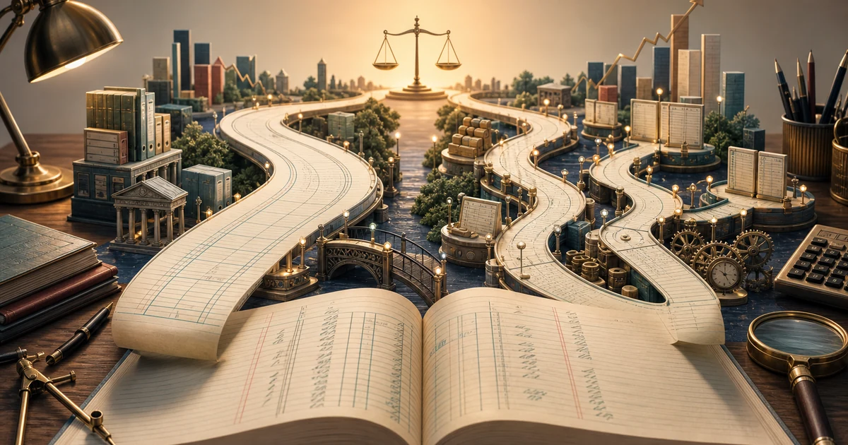 Two accountancy maps on a study desk showing different learning routes through ledgers, journals, and final accounts