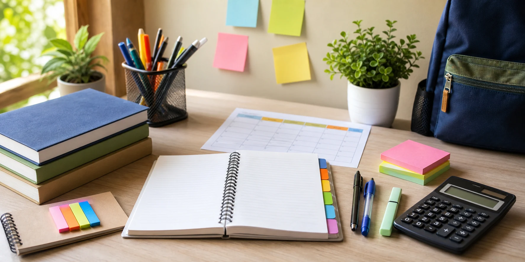A neat Class 11 commerce study desk with subject notebooks, calculator, planner, and stationery
