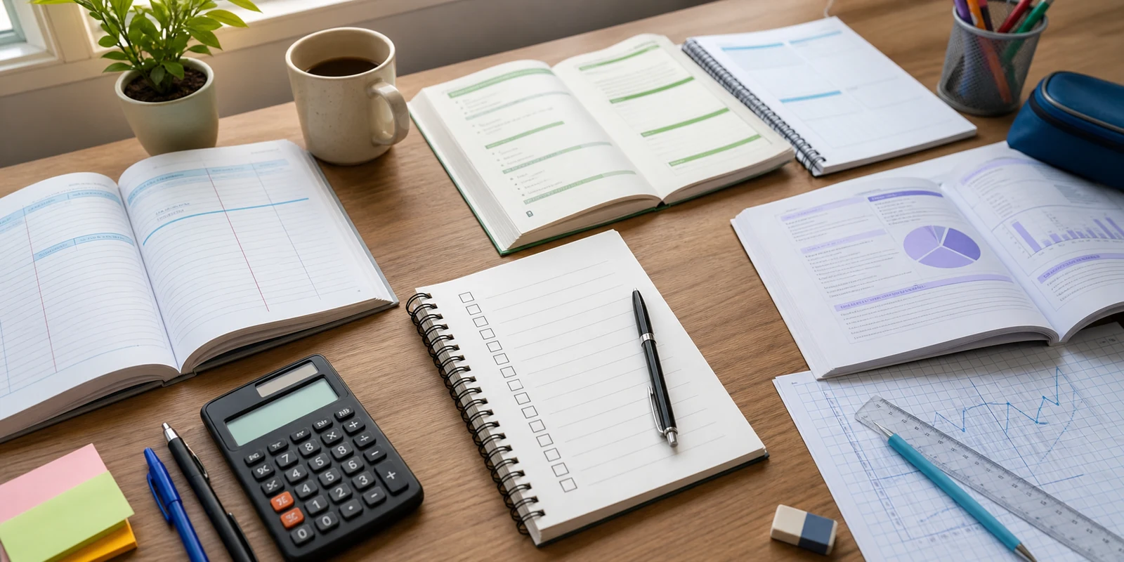 A neat study desk with a commerce checklist, calculator, notebooks, and graph paper for Class 11 preparation