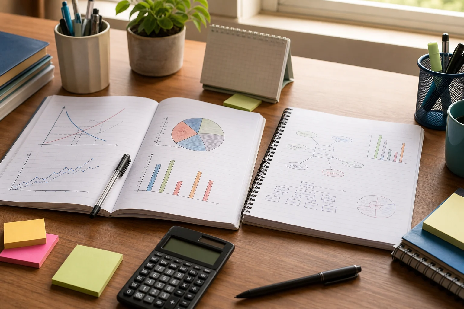 A Class 11 commerce study desk with notebooks, graphs, business notes, sticky notes, and a calculator