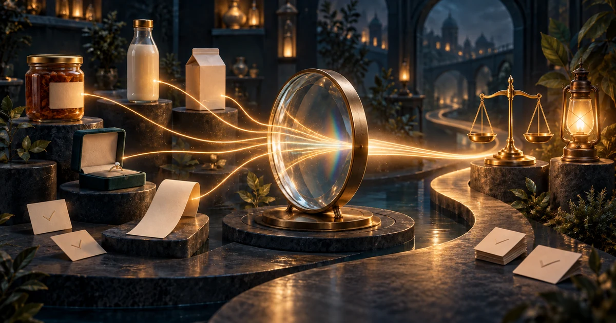 Everyday products sending lines of light through a clear lens toward a balanced scale and lantern