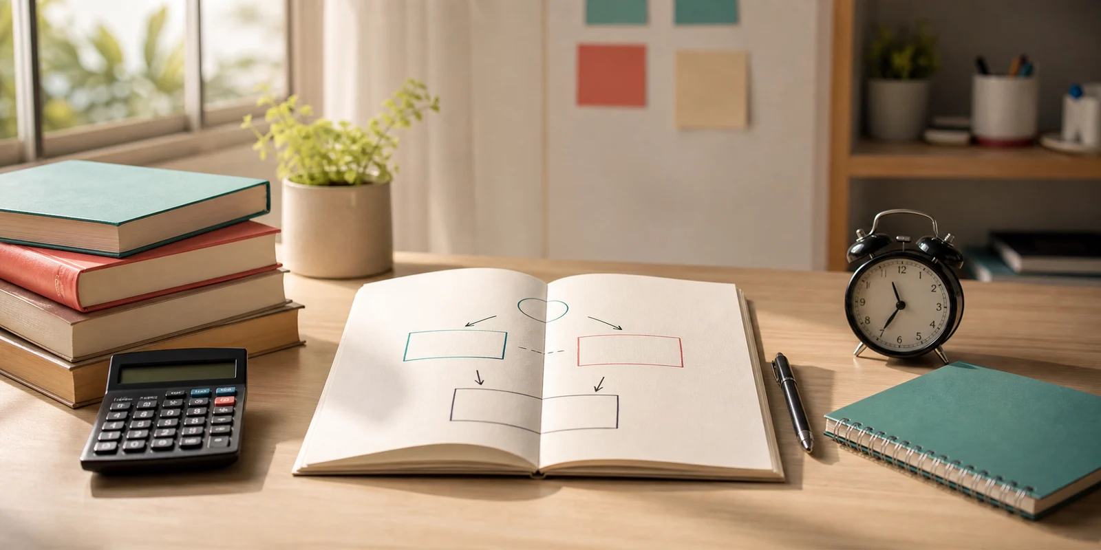 A calm commerce study desk with an open notebook showing simple choice boxes, books, a calculator, a clock, and stationery