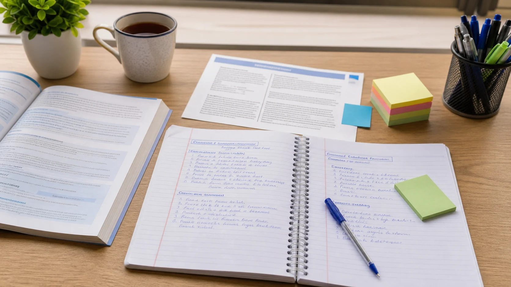 A neat Business Studies study desk with an open notebook, textbook pages, sticky notes, and case-study practice sheets