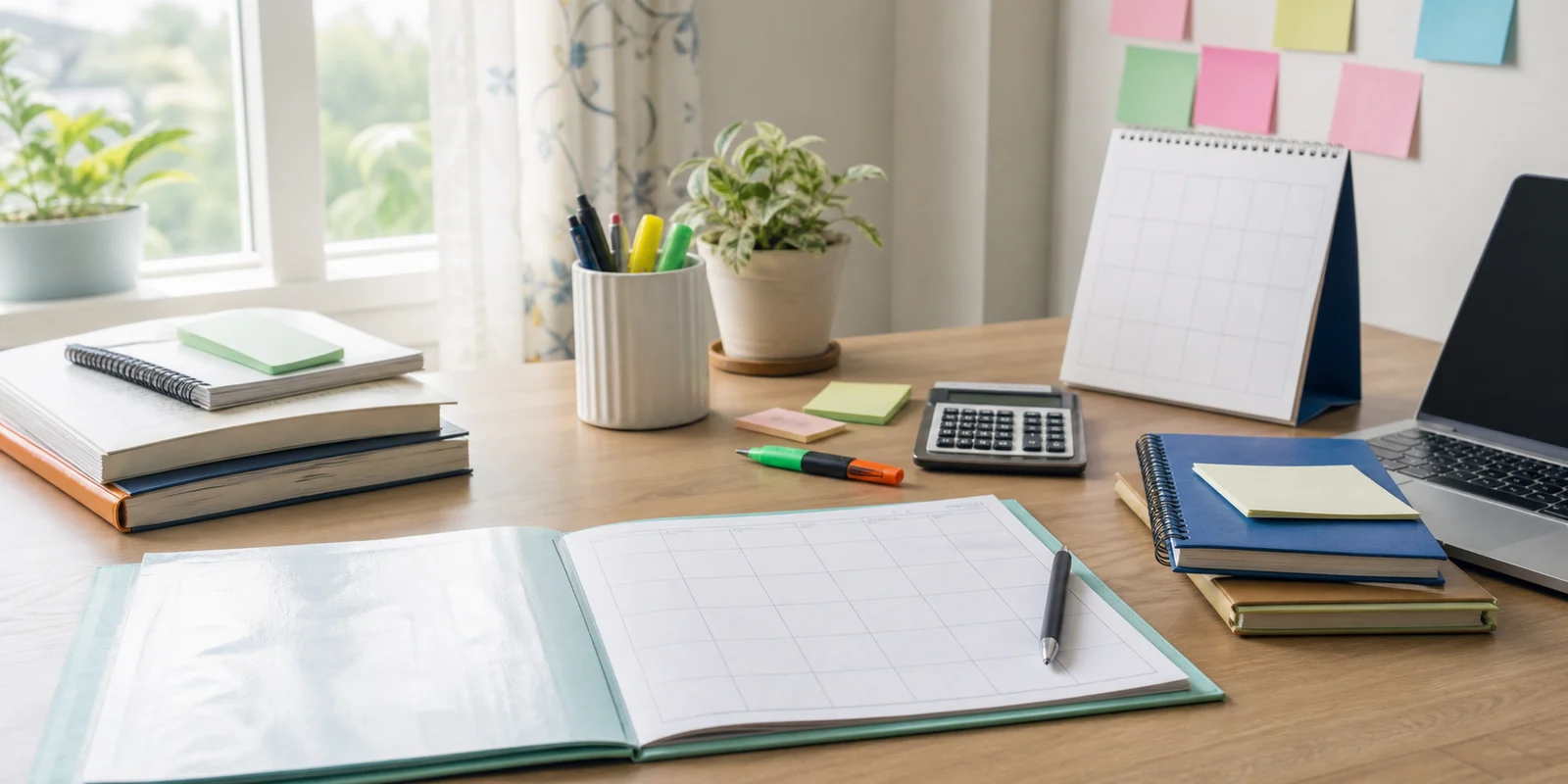A neat study desk with a project file, blank planner, calculator, notebooks, sticky notes, and a laptop